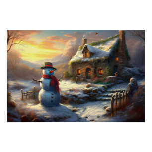 Pôster Cozy Christmas Cottage & Snowman Vintage Winter