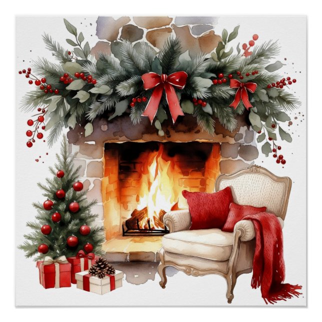 Pôster Cozy Christmas Fireplace Watercolor Art Print (Frente)
