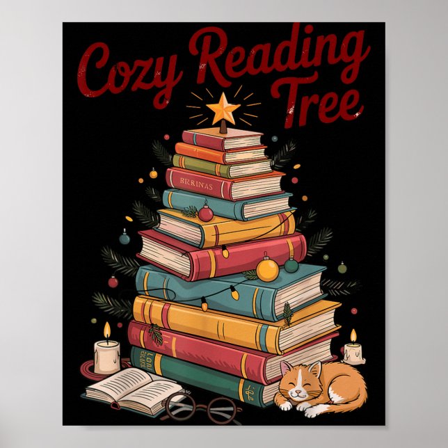 Poster Cozy Christmas Reading Tree Cat Candle Stack Booki (Frente)