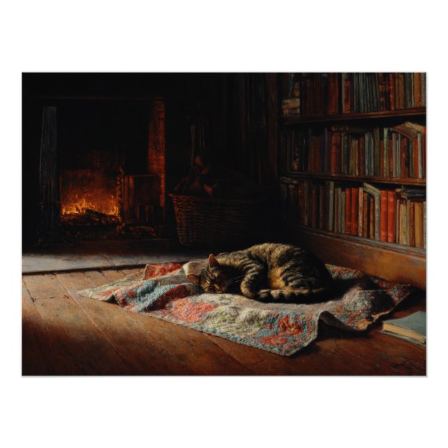 Pôster Cozy Fireplace Cat Library Scene (Frente)