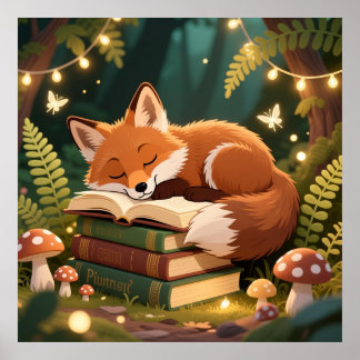 Poster Cozy Fox Sleeping on Books Whimsical Forest Litera