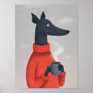 Poster Cozy Greyhound Dog Poster–Anthropomorphic Pet Art