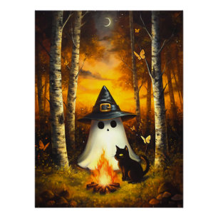 Pôster Cozy Halloween Ghost & Black Cat Campfire