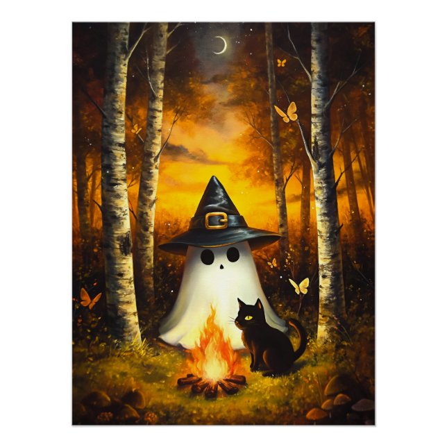 Pôster Cozy Halloween Ghost & Black Cat Campfire (Frente)
