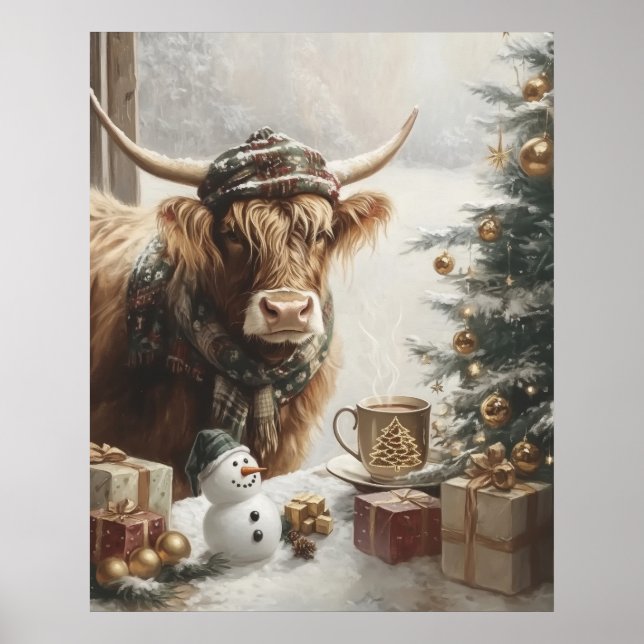Poster Cozy Highland Cow Christmas Farmhouse Wall Art (Frente)