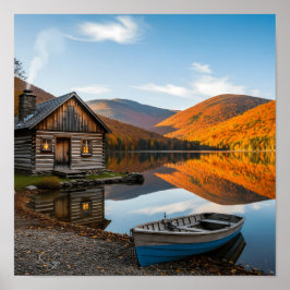 Poster Cozy Log Cabin Fall Autumn Lake Reflection