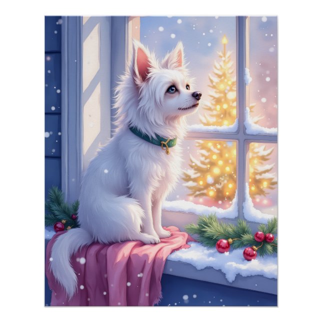 Pôster Cozy Maltese by Snowy Window Christmas Dog Art (Frente)