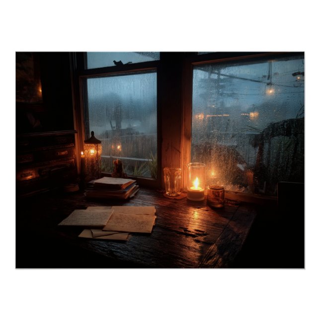 Pôster Cozy Rainy Window Candle Glow Scene (Frente)