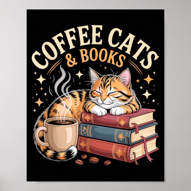 Poster Cozy Reading Cat Coffee And Books Lover Artwork  (Frente)