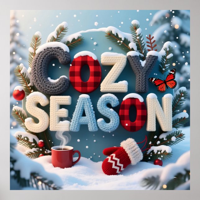 Poster "Cozy Season" Winter Knit & Plaid Typography Snowy (Frente)