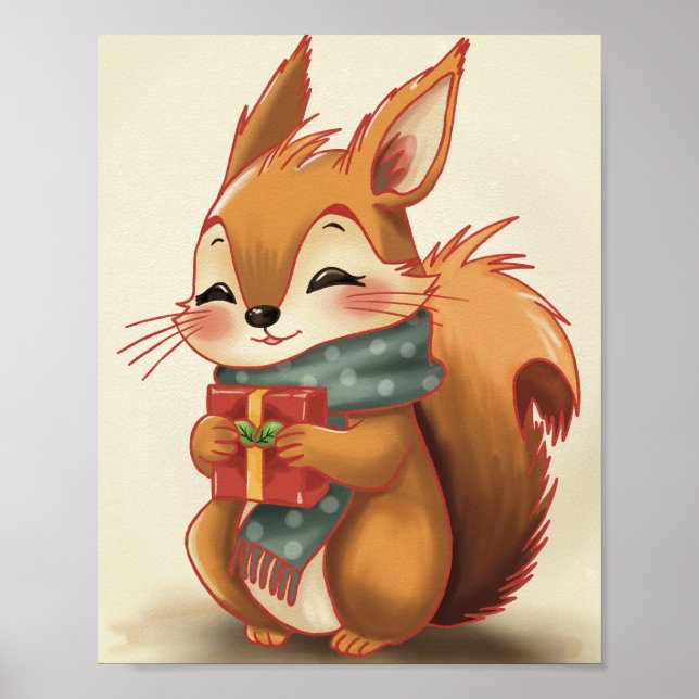 Poster Cozy Squirrel with a Gift – Whimsical Winter Woodl (Frente)