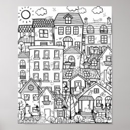 Poster Cozy Town Cute Funny Cats Doodô Coloração de Adult