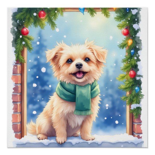Pôster Cozy Watercolor Affenpinscher Christmas Snowy (Frente)