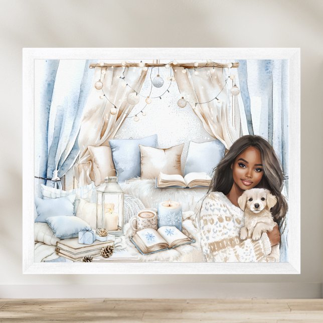 Poster Cozy Winter Blue Bedroom Black Teen Girl & Puppy (Criador carregado)