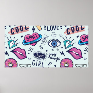 Poster Crachás de adesivos de moda. Padrão sem costura co