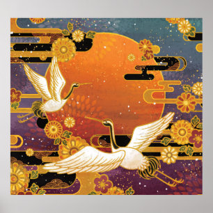 Poster Crane Bird Chrysanthemum Padrão Japonês