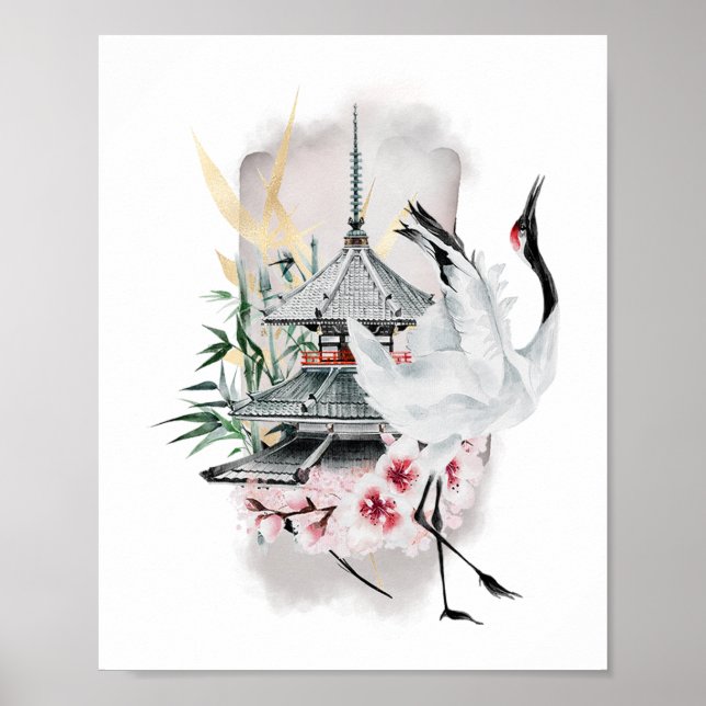 Poster Crane Bird - Trabalho de arte japonês (Frente)