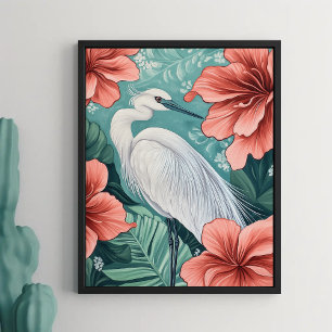 Poster Crane branca nas flores florescentes inspirada