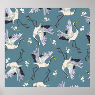 Poster Crane Pattern, Ilustração Pássaro Voador.