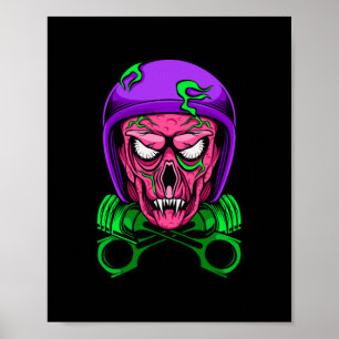 Poster Cráneo de Motoqueiro Zumbi Neon com Pistões Cruzad