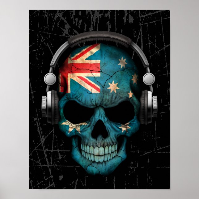 Pôster Crânio australiano Dj cravado com Fones de ouvido (Frente)