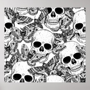 Poster Crânio, borboletas: padrão de colheita desenhado à