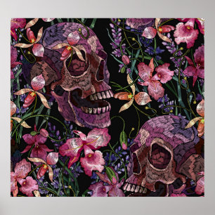 Poster Crânio bordado: Padrão Orquídeo Gótico