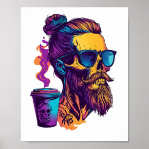 Poster Crânio Cafeinado � Esqueleto de Barista Engraçado