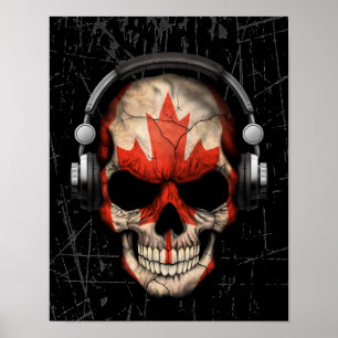 Pôster Crânio canadense riscado do DJ com fones de ouvid