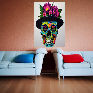 Poster Crânio colorido com chapéu e flor Arte AI