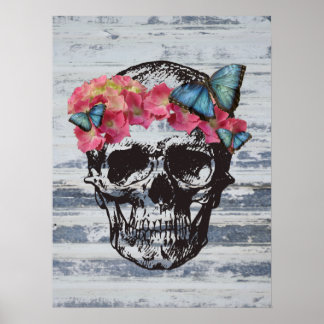 Poster Crânio com flores de hydrangea e borboletas