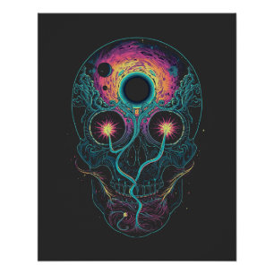 Pôster Crânio Cósmico Psicodélico Galáxia Neon