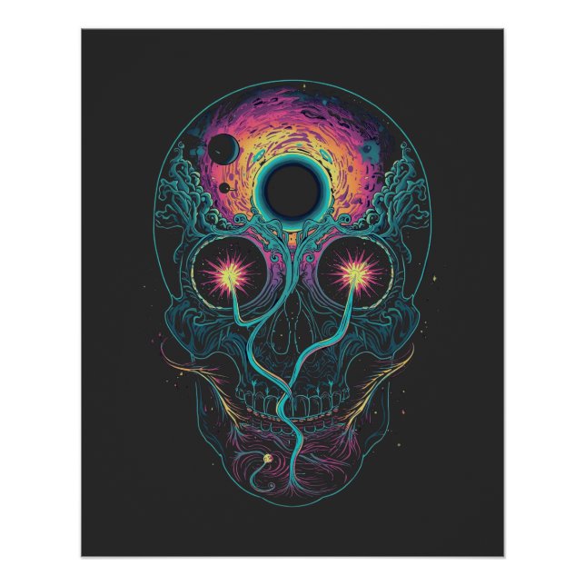 Pôster Crânio Cósmico Psicodélico Galáxia Neon (Frente)