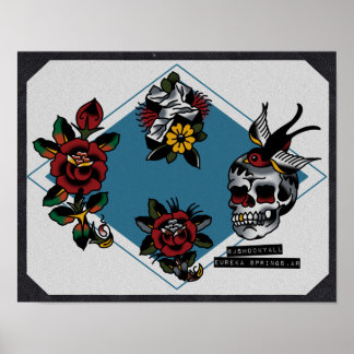 Poster Crânio Cruz e Rosas Tradicional Flash de Tatuagem
