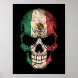 Poster Crânio da bandeira mexicana no preto