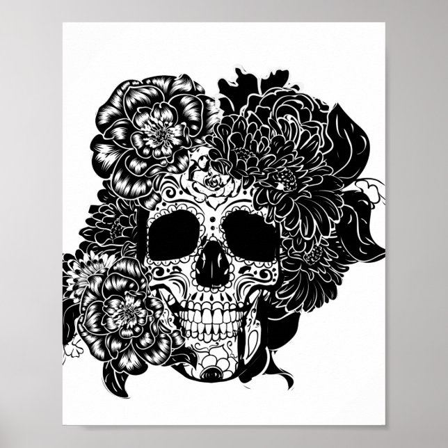 Poster Crânio de açúcar com flores a preto e branco (Frente)