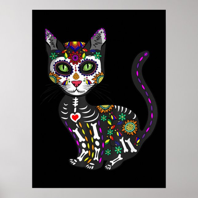 Poster Crânio De Açúcar Gato Mexicano Dia das Bruxas dos  (Frente)