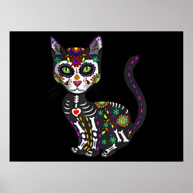 Poster Crânio De Açúcar Gato Mexicano Dia das Bruxas dos  (Frente)