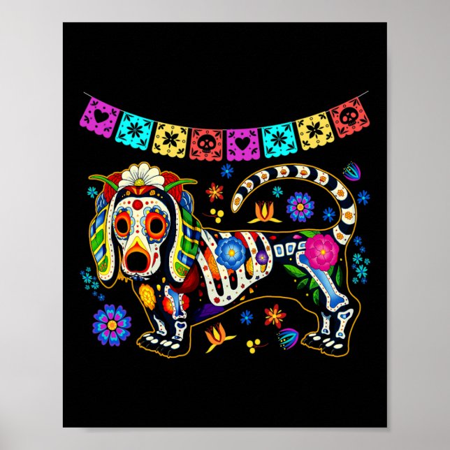 Poster Crânio de Açúcar Mexicano Dachshund Bone Dia das B (Frente)
