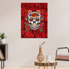 Poster Cranio de Açúcar Rosas Vermelhas e Rosadas Feriado