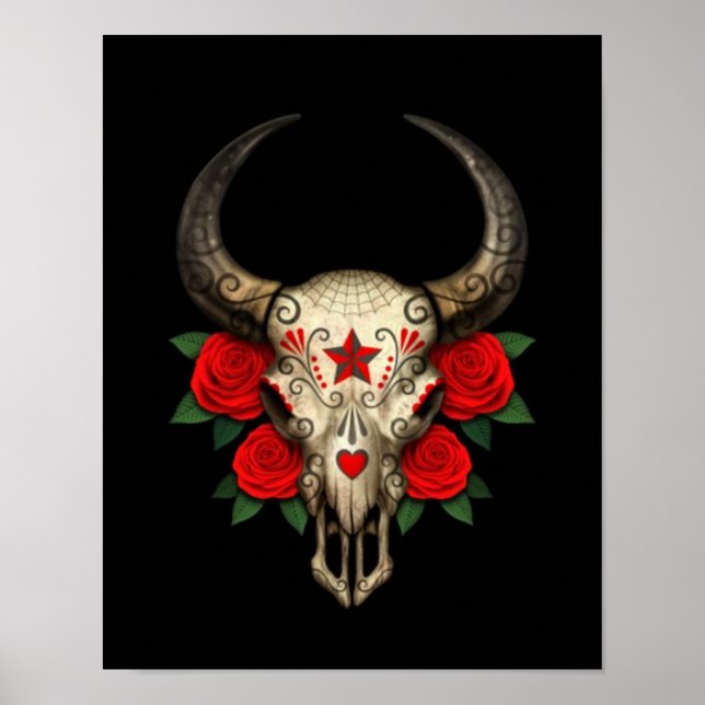 Poster Crânio de Bull com Rosas vermelhas em preto (Frente)