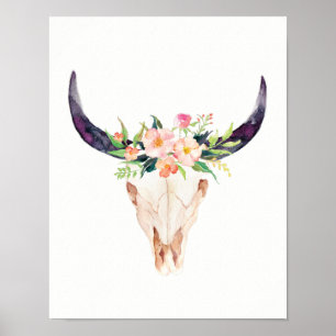 Pôster Crânio de Bull da aguarela com flores cor-de-rosa