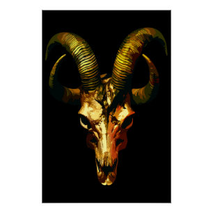 Pôster Cranio de Chifres Dourados - Arte Sombria