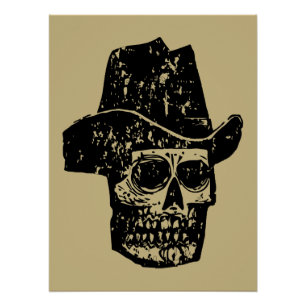 Pôster Crânio de Cowboy Vintage com Chapéu Western Antigo