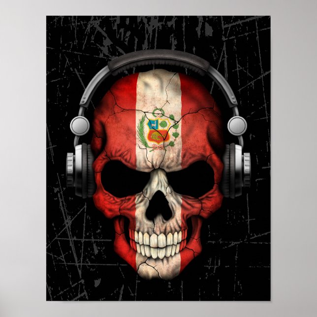 Poster Crânio de Dj Peruano Arranjado com Fones de ouvido (Frente)