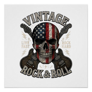 Pôster Cranio de Rock Vintage Bandeira Americana Guitarra
