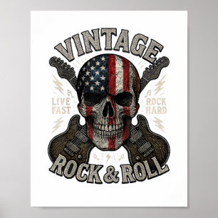 Poster Crânio de Rock Vintage Guitarra Bandeira Americana