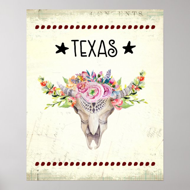 Pôster Crânio De Vaca Do Texas Boho Com Flores Trendência (Frente)