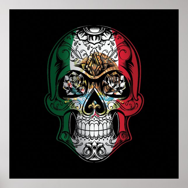 Poster Crânio E Bandeira De Rosas Do México (Frente)