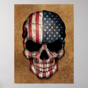 Pôster Crânio envelhecido e vestido da bandeira american